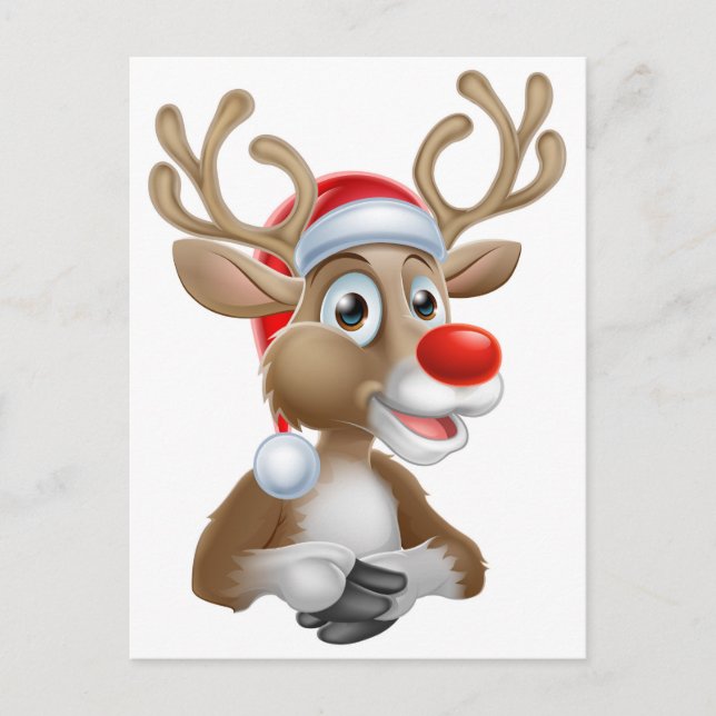 Christmas Reindeer Cartoon With Santa Hat Holiday Postcard (Front)