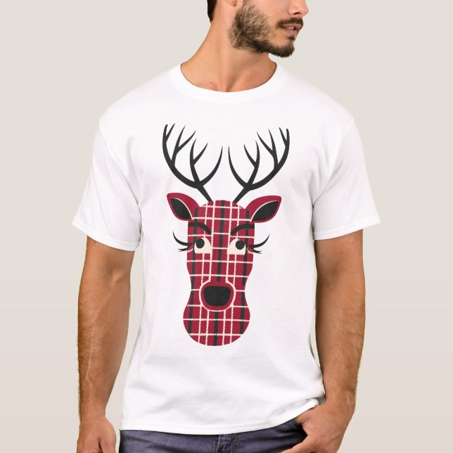 Christmas Reindeer chequered  face T-Shirt (Front)