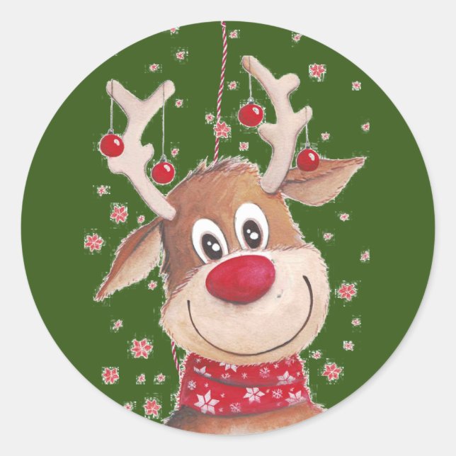 Christmas Reindeer Classic Round Sticker (Front)
