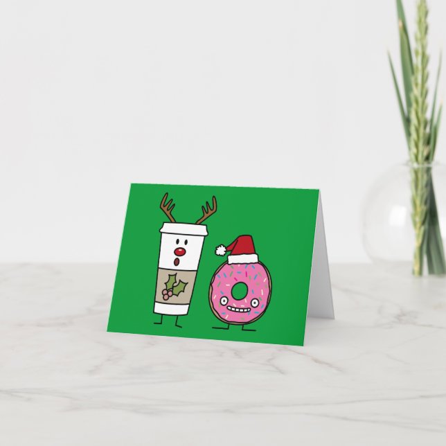 Christmas Reindeer Coffee and Santa Doughnut Holiday Card (Front)