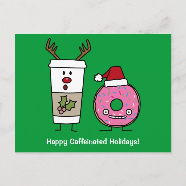 Christmas Reindeer Coffee and Santa Doughnut Holiday Postcard (Front)
