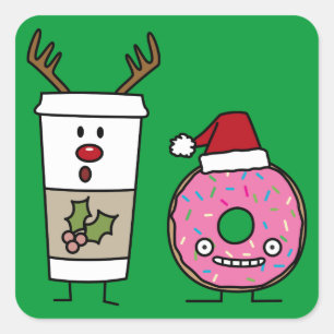 Christmas Reindeer Coffee and Santa Doughnut Square Sticker