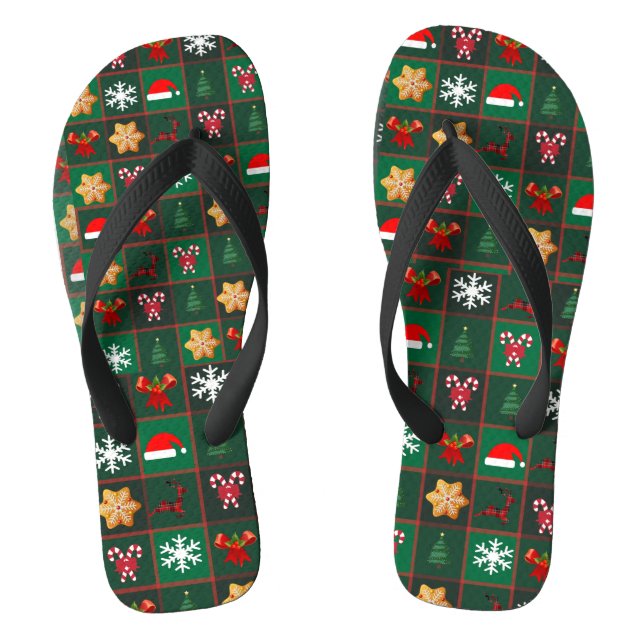 christmas reindeer,cookie, green buffalo plaid   flip flops (Footbed)