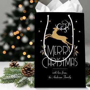 Christmas Reindeer Custom Name Black Gold Medium Gift Bag