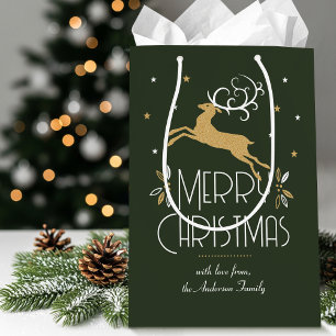 Christmas Reindeer Custom Name Dark Green Gold Medium Gift Bag