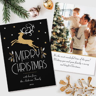 Christmas Reindeer & Custom Photo Black Gold Flat Card