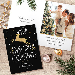 Christmas Reindeer & Custom Photo Black Gold Holiday Card