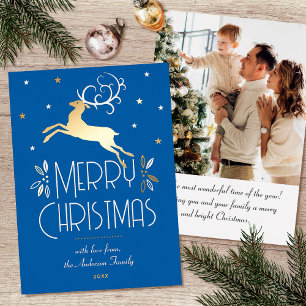 Christmas Reindeer Custom Photo Blue Gold Editable Foil Holiday Card