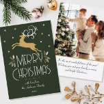 Christmas Reindeer Custom Photo Dark Green Gold Card<br><div class="desc">A festive Art Deco style Christmas card, with editable text and your own custom photo on the back. This stylish template features a leaping reindeer, with decorative leaves and stars. The text can be personalised with a name, date and a personal greeting. Colours: very dark green, white and a gold...</div>