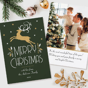 Christmas Reindeer Custom Photo Dark Green Gold Card