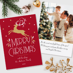 Christmas Reindeer & Custom Photo Deep Red Flat Card
