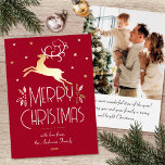 Christmas Reindeer Custom Photo Deep Red Gold Foil Holiday Card<br><div class="desc">Luxury gold foil Christmas cards with an Art Deco style and your own personalised photo on the back. This elegant template features a leaping reindeer with festive leaves, berries and stars. A stylish colour palette of deep red, white and real foil elements in gold, silver or rose gold. The text...</div>