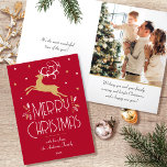 Christmas Reindeer & Custom Photo Deep Red Gold Holiday Card<br><div class="desc">A festive Art Deco style Christmas card, with editable text and your own custom photo inside. This stylish template features a leaping reindeer, adorned with decorative leaves and stars. The text can be personalised with a name, date and a personal greeting. Colours: deep red, white and a gold coloured texture....</div>