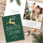 Christmas Reindeer & Custom Photo Green Gold Holiday Card<br><div class="desc">A festive Art Deco style Christmas card, with editable text and your own custom photo inside. This stylish template features a leaping reindeer, adorned with decorative leaves and stars. The text can be personalised with a name, date and a personal greeting. Colours: dark forest green, white and a gold coloured...</div>