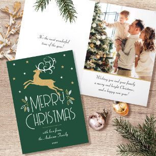 Christmas Reindeer & Custom Photo Green Gold Holiday Card