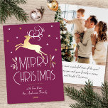 Christmas Reindeer Custom Photo Plum Gold Editable Foil Holiday Card<br><div class="desc">Elegant gold foil Christmas cards with an Art Deco style and your own personalised photo on the back. This editable template features a leaping reindeer with festive leaves, berries and stars. A stylish colour palette of purple-pink plum, white and real foil elements in gold, silver or rose gold. The text...</div>