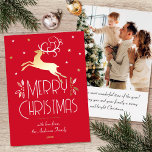 Christmas Reindeer Custom Photo Red Gold Editable Foil Holiday Card<br><div class="desc">Elegant gold foil Christmas cards with an Art Deco style and your own personalised photo on the back. This editable template features a leaping reindeer with festive leaves, berries and stars. A stylish colour palette of red, white and real foil elements in gold, silver or rose gold. The text can...</div>