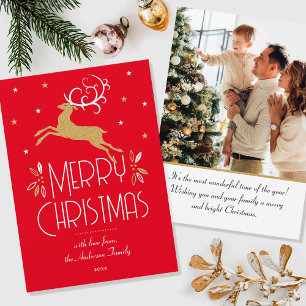 Christmas Reindeer & Custom Photo Red Gold Flat Card