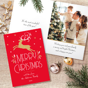 Christmas Reindeer & Custom Photo Red Gold Holiday Card