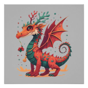 Christmas Reindeer Dragon Abstract Stylish Cartoon Poster