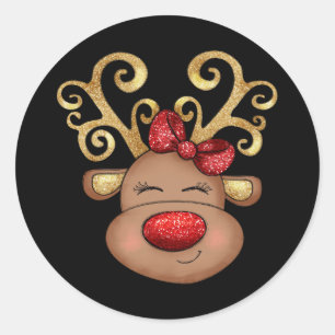 Christmas reindeer face cute red gold black classic round sticker
