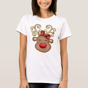 Christmas reindeer face red glitter nose T-Shirt