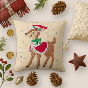 Christmas Reindeer Faux Embroidered  Cushion