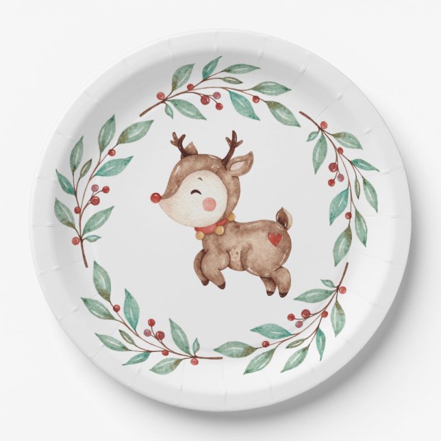 Christmas Reindeer  First Birthday Paper Plate (Front)