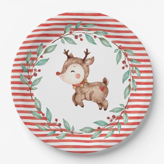 Christmas Reindeer  First Birthday Paper Plate (Front)