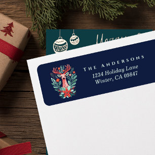 Christmas Reindeer Floral Blue Address Label