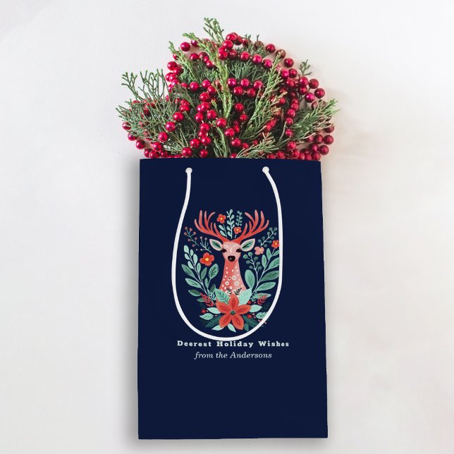 Christmas Reindeer Floral Blue Holiday Medium Gif Gift Bag (Creator Uploaded)