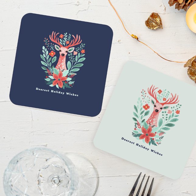 Christmas Reindeer Floral Blue Holiday  Square Paper Coaster (Creator Uploaded)