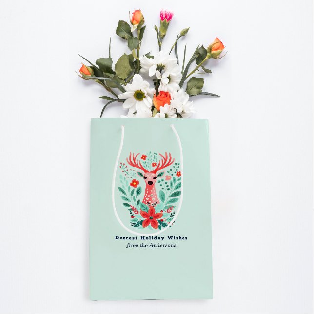 Christmas Reindeer Floral Mint Holiday  Medium Gift Bag (Creator Uploaded)