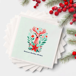Christmas Reindeer Floral Mint Holiday Napkin