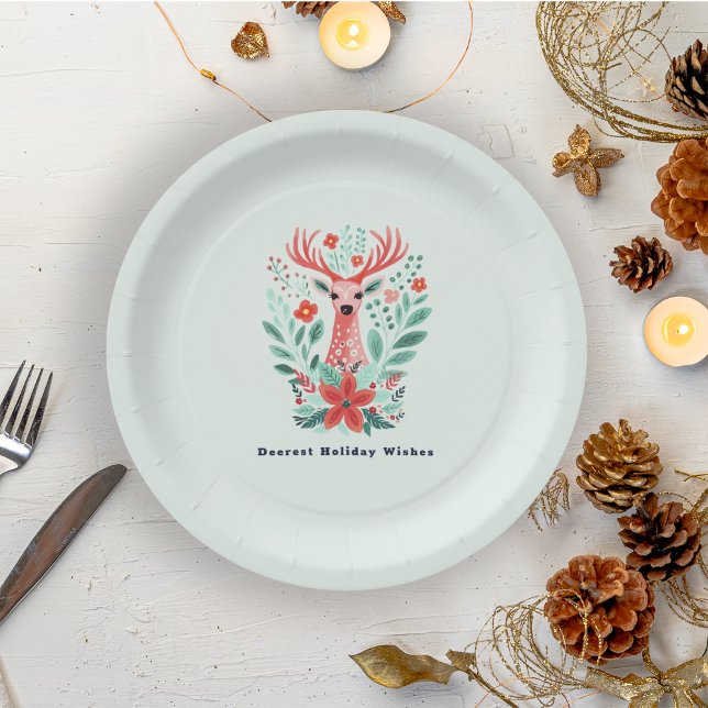 Christmas Reindeer Floral Mint Holiday Paper Plate (Creator Uploaded)