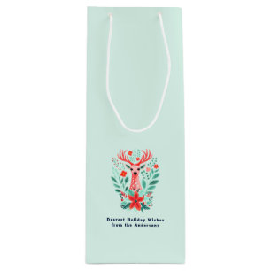 Christmas Reindeer Floral Mint Holiday Wine Gift Bag