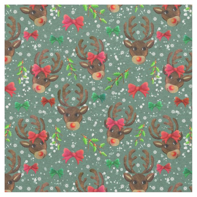 Christmas Reindeer Forest Green Fabric (Close Up)