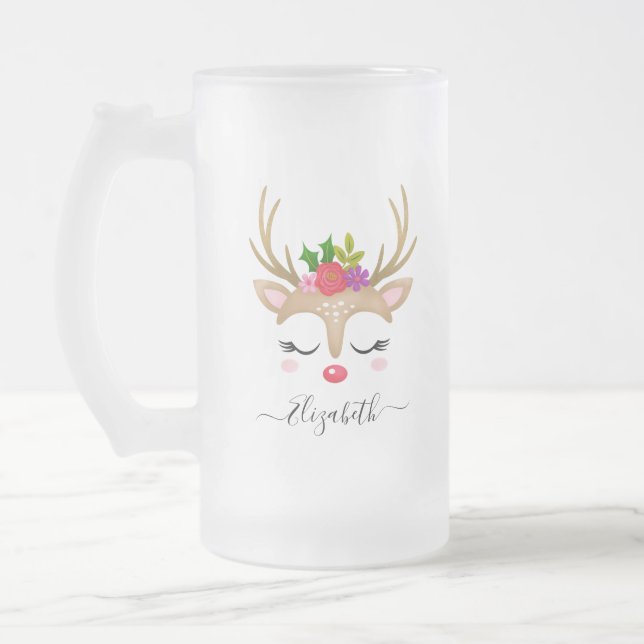 Christmas Reindeer Frosted Glass Beer Mug (Left)