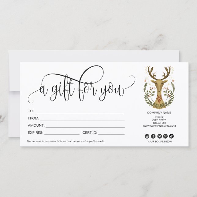 Christmas Reindeer gift card certificate folk art (Front)