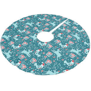 Christmas reindeer gifts and birds aqua teal skirt brushed polyester tree skirt