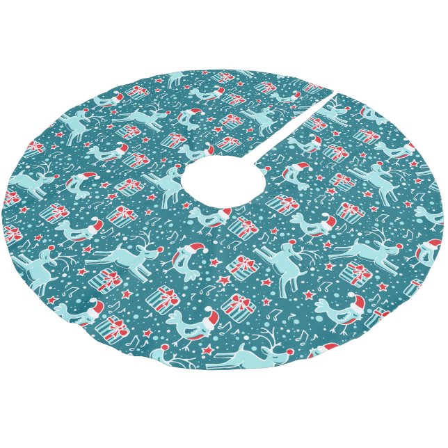 Christmas reindeer gifts and birds aqua teal skirt brushed polyester tree skirt (Angled)