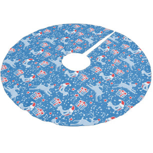 Christmas reindeer gifts and birds blue red skirt brushed polyester tree skirt