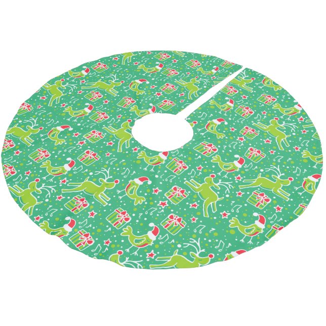 Christmas reindeer gifts and birds green red skirt brushed polyester tree skirt (Angled)