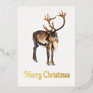 Christmas Reindeer Hand-Painted Caribou Watercolor Foil Holiday Card