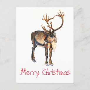 Christmas Reindeer Hand-Painted Caribou Watercolor Holiday Postcard