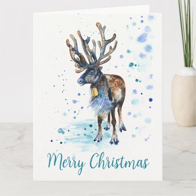 Christmas Reindeer Hand-Painted Watercolor Holiday Card (Front)