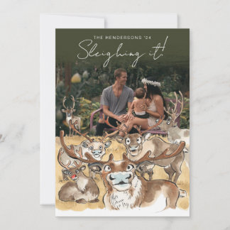 Christmas Reindeer holiday photocard Forest Green