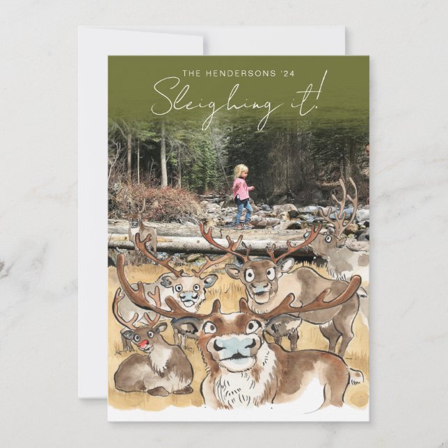 Christmas Reindeer holiday photocard Olive Green (Front)