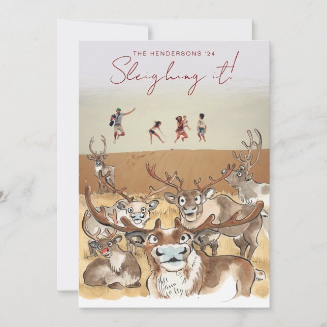 Christmas Reindeer holiday photocard Pale Grey Card (Front)