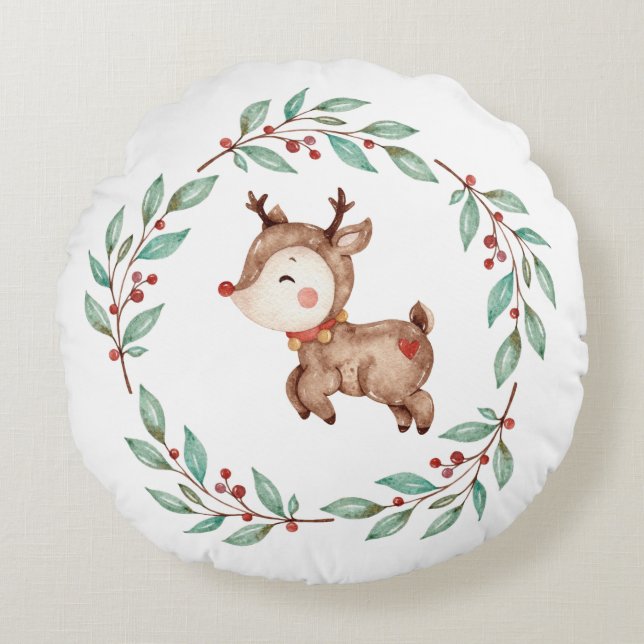 Christmas Reindeer Holiday Wreath Round Cushion (Front)